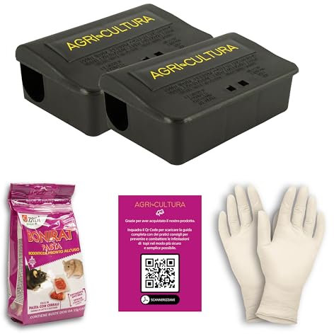 AGRI-CULTURA® | Contenitore Esca per Topi Piccoli con Chiave | Trappola per Topi | 2 Box contenitori per Esche, Guida con Consigli utili, Guanti Inclusi. HACCP consentito
