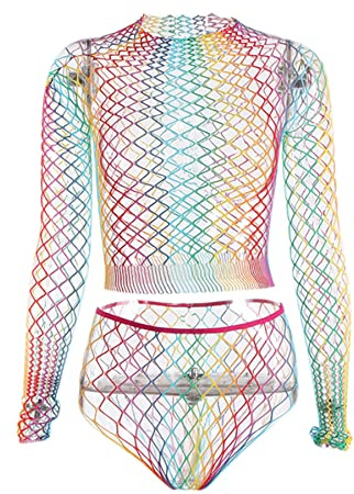 MINGSEECESS Sexy Regenbogen-gestreifter Netz-Body für Damen, Bademode, Bikini, Vertuschung, Badeanzug, Rave, Festivals, Outfits, Mehrfarbig, Einheitsgröße