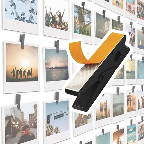 Confezione da 20 clip autoadesive per foto - Portafoto in legno nero per parete, appendiabiti per poster, cartoline fotografiche da appendere e pannelli illustrativi, porta foto di opere d'arte