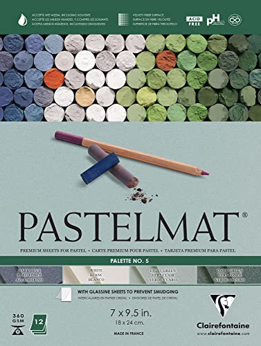 Clairefontaine Pastelmat geklebter Block - Palette Nr. 5 - (7 x 9 1/2 Zoll) 18 x 24 cm - 360 g - 12 Blatt - Dunkelgrün, Hellgrün, Weiß, Dunkelblau