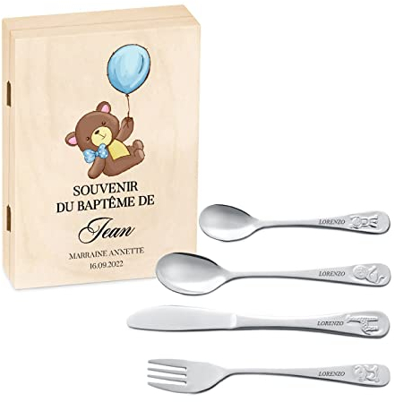 Maverton Set de couverts enfant - cadeau personnalisé pour garçon - Coutellerie dans coffret imprimé - Couverts Thème Animal - Cadeau bapteme garcon - Cadeau Noel - Cadeaux bébé - Couvert bebe - VOL