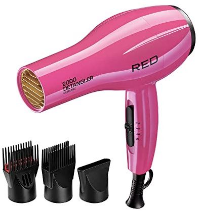 RED by KISS 2000 Ceramic Hair Dryer, Professional Salon Blow Dryer, 2 Detangler Pik Attachments, Tourmaline Technology, 3 Heat Settings, Easy Storage Loop (Pink)
