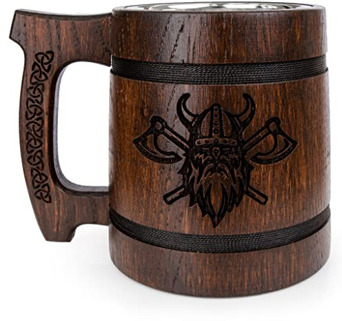 TESLYAR Jarra de cerveza Vikinga hecha a mano de madera natural y de acero inoxidable para hombre 0.6 litros (20 onzas) | regalos para un padre | auténtico recuerdo | Aniversario Día (Marrón)