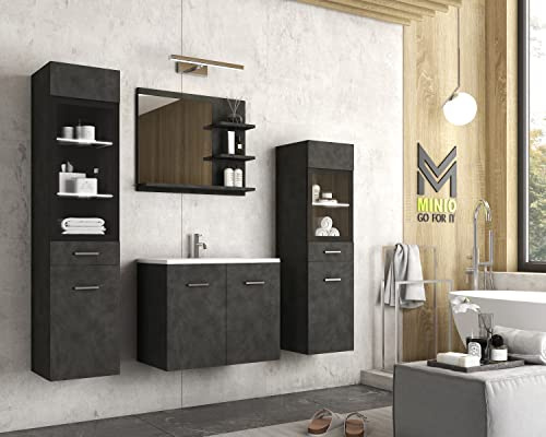 MINIO go for it - Badezimmermöbel Set Marit 1 Spiegel mit Regal LED | Schrank mit Waschbecken, Laminierte Spannplatte, Farbe: Graphit Matera