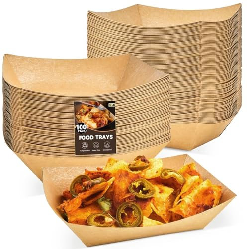 ZORRITA 3 Lb Paper Food Trays - 100 Pack Disposable Nacho Trays, Kraft Paper Food Boats Taco Holders Party Serving Baskets for Hot Dogs Snacks Tacos Fries
