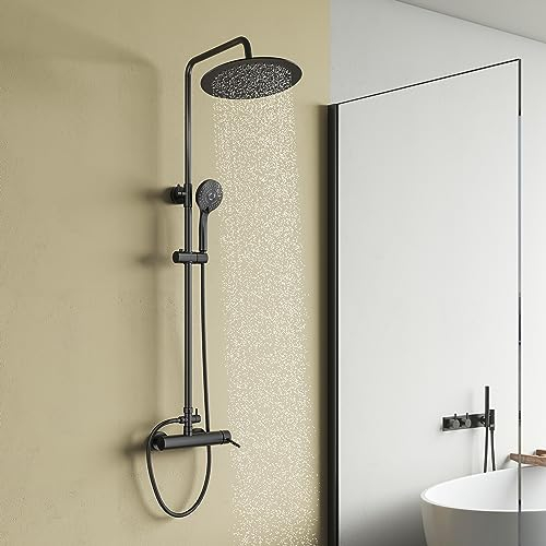 KOMIRO Colonne de Douche Noir, Colonne de Douche avec Mitigeur, Ensemble de Douche avec Hauteur Réglable, Pomme Douche de Tête 250 mm Rond et Douchette 3 Jets D'eau pour Salle de Bain