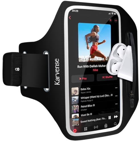Karvense Running Phone Holder, Arm Band for Running for iPhone & Samsung Galaxy, Cell Phone Armband Holder for Walking, Gym, Workout, Men, Women, w/Adjustable Strap & Zipper Pocket (Black-L)