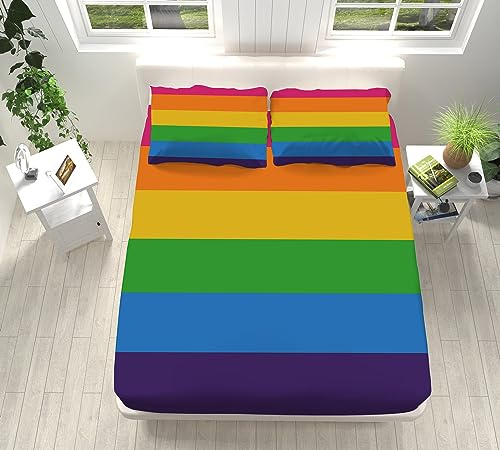 CozyRest Spannbettlaken Set 180x200 cm, Regenbogen Bunt Geometrisch Spannbetttuch Weiche Atmungsaktiv Microfaser mit 2 Kissenbezug, Spannbetttücher für bis 25-30 cm Matraze and Kinder Erwachsener