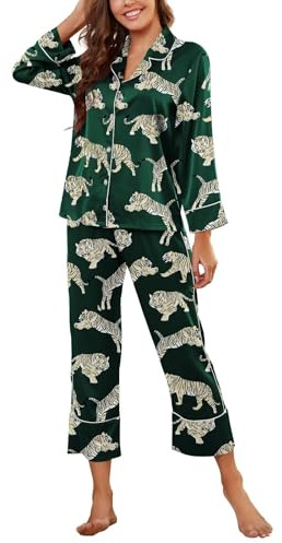 Brosloth Womens Satin Button Up Pajamas Long Sleeve Soft Silk Pajamas Sets Cute Tiger Print 2 Piece Loungewear Dark Green S