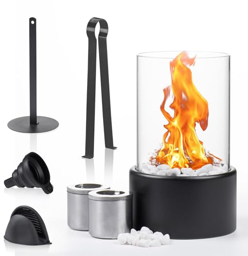 Tischkamin | Tischfeuer Set für Indoor und Outdoor | Ethanol Tischkamin mit Weiße Dekosteine und 2 Brennkammern | Bioethanol Tischkamin | Balkon Deko