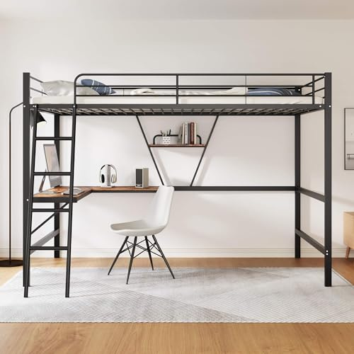 HYUB Etagenbett Metallbett 90x200cm mit L-förmigem Schreibtisch, Hochbett Kinderbett mit Rausfallschutz und Metalllattenrost, für Kinder, Jugendliche und Erwachsene, Ohne Matratze, Schwarz