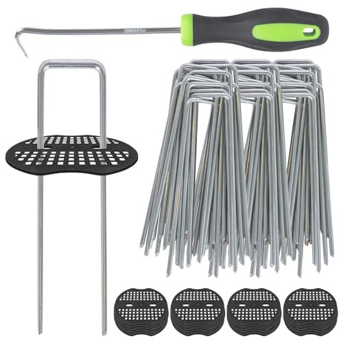 Harbour Housewares 100 Garden Pegs, 100 Buffer Washer Plate & Removal Tool Set - 150mm Staples 4mm Thickness - Galvanised Steel Stake for Weed Control Membrane, Netting, Artificial Grass, Ground Cover