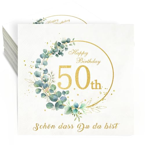 Servietten 50 Geburtstag,36 Stück Geburtstag Servietten Schön dass du da bist,3-Lagig Happy Birthday Servietten Eukalyptus Weiß Gold Papierservietten 33x33cm Tischdeko Geburtstag Party Frau Männ