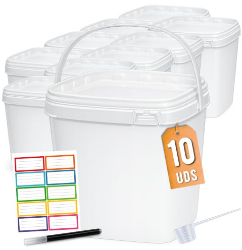 Üka Pack 10 Cubos Blancos de Polipropileno con Tapa 5,4 L - 20x20x20,5 cm. | Cubos de Plástico Duro. Recipientes Herméticos para Alimentos. Cubos Vacíos con Asa. Diseño Apilable y Libres de BPA.