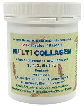 MULTI COLLAGEN Collagène Breveté PEPTAN® + Acide Hyaluronique + Vitamine C + Bioperine® + Ovomet® + Biotine-divers Brevets + Études Cliniques - 120 capsules 2 mois de cure - aussi 60 et 240 capsules