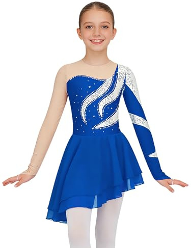 Miaeowve Kürkleider Eiskunstlauf Mädchen Akrobatik Kleid Pailletten Strass Tanzkleid Königsblau 158-164