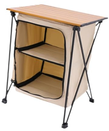Fällbart campingförvaringsskåp, lätt att montera, lätt 2 nivåer förvaring organisatör, matlagningsbord, beige