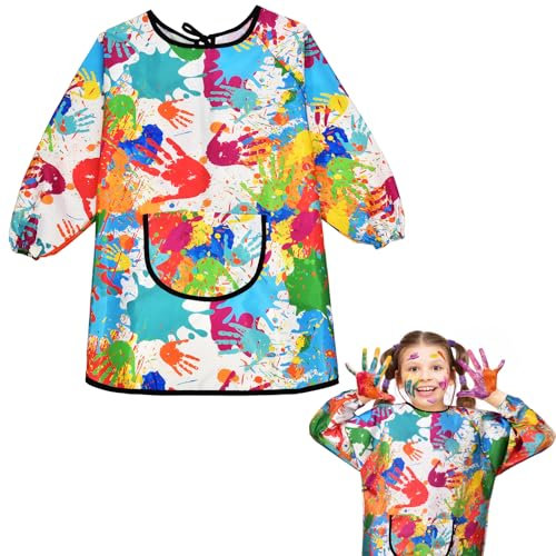 Linkgood Malkittel Schule 1. Klasse, Malschürze Kinder mit Langen Ärmeln und Big Tasche, Tuschkittel Bastelschürze Malerkittel für Kinder von 7-11 Jahren für Schule Kunst Malerei Kochen (120-140CM)