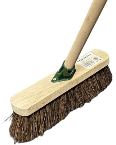 12 Heavy-Duty Outdoor Garden Broom with Durable Support Bracket, 120cm Wooden Handle, Hard Natural Bristles for Yard Sweeping