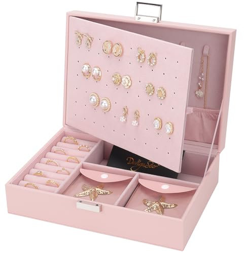 DesignSter Caja Joyero con 2 Niveles de PU, Joyeros Mujer Organizador Grande con 8 bolsillos pequeños para joyas, organizador de joyas para collares, pendientes, pulseras y anillos, Rosa
