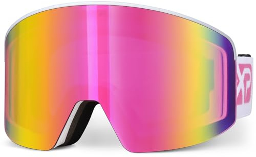EXP VISION Ski/Snowboard Goggles, Magnetic Lens Snow Goggles with Anti-Fog & UV400 Protection for Men & Women (White Frame-Pink)