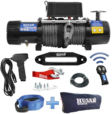 Husar Winch Cabrestante Eléctrico de 12000 lbs | 5443 kg, 12 V, Con Cuerda Sintética De 26 m,Control Inalámbrico, Transmisión Planetaria De 3 Etapas, Ideal Para Vehículos Todoterreno, Vehículos 4x4
