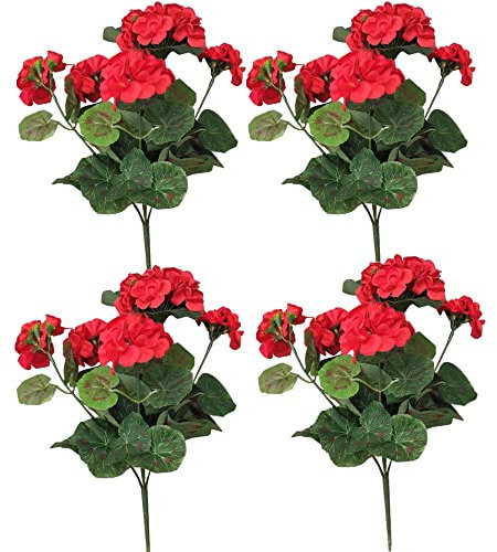 Nvzi 4 fiori di geranio artificiali rossi finti geranio cespuglio lungo 36 cm in seta finta pianta per esterni fioriera per interni giardino decorazione della casa