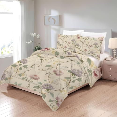 Bettdecke 200x220 Ohne Bezug Nutzbar, Blumen Pflanzendruck Bettdecken Waschbar Ganzjahresdecke Aquarell 4 Jahreszeiten Steppdecke, Bettzeug Microfaser mit 2 Kissenbezug für Sommer Winter Doppelbett