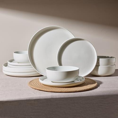 Richmount Milkyway Plates and Bowls Set, 12 Piece Dinner Set, Speckled Stoneware Dinner Set for 4, Chip and Scratch Resistant Dinnerware Sets, Dishwasher & Microwave Safe, White