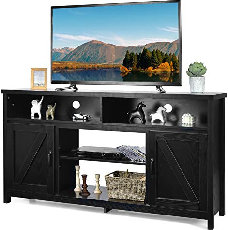 Soporte de madera para TV de 65 pulgadas con puertas de granero y estantes ajustables, centro de entretenimiento multimedia para sala de estar o dormitorio, mesa consola con chimenea eléctrica de 25