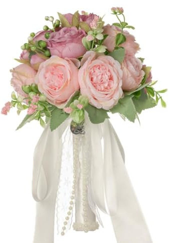 Wisafory Brautstrauß Hochzeitsstrauß Hochzeit Brautstrauss mit Perlen Vintage Brautschmuck Seidenblumen Künstliche Rosenstrauß Bouquet Brautjungfer Schöner Künstlich Blume für Hochzeit Rosa