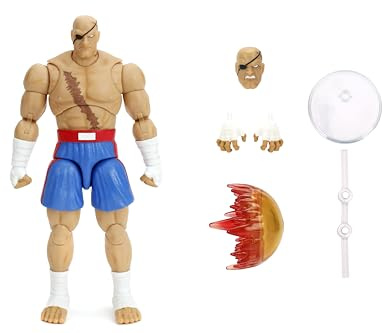 Jada Street Fighter II Sagat Deluxe actionfigur i skala 1:12 – mycket artikulerad, tigerskott, tillbehör och stativ, 19,3 cm lång