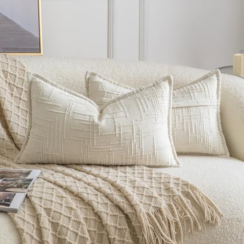 Madizz 2er Set Chenille Dekorativ Kissenbezüge Weiche neutrale Wurfkissen für Sofa Boho Akzent Zierkissenbezüge für Schlafzimmer Wohnzimmer Modernes Zuhause Dekor Crèmeweiß 40x60 cm