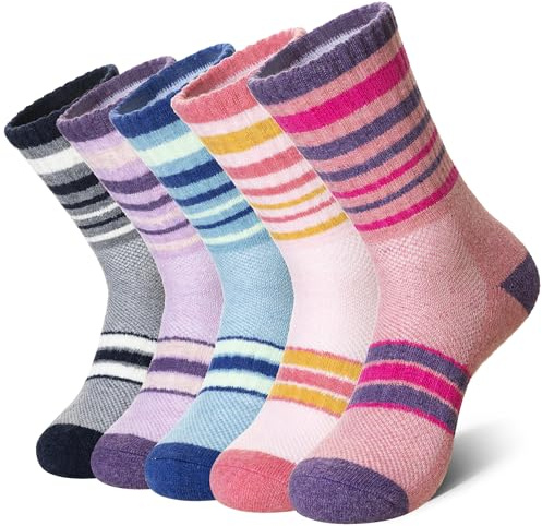 SEEYAN Womens Merino Wool Socks Hiking Walking Winter Thermal Boot Warm Cushion Work Thick Crew Socks 5 Pairs (5 Pairs Stripe B, 7-11)