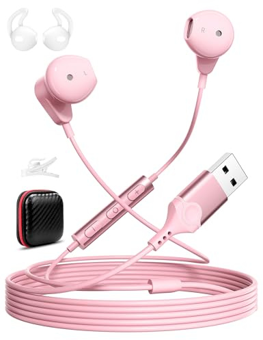 ACOCOBUY USB Headset with Microphone for PC, USB A Headphones for Computer | 7.5 Ft Lightweight Wired Type A Earbud In Ear Noise Canceling Stereo Laptop Game Earphone for Dell for hp for Surface, pink