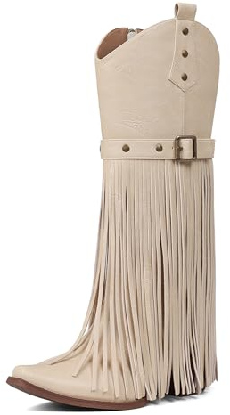 Grakihily Fringe Cowgirl Boots for Women Retro Square Toe Side Zipper Block Chunky Heel Tassel Country Concert Outfits Mid Calf Western Cowboy Boots,Beige Size 9