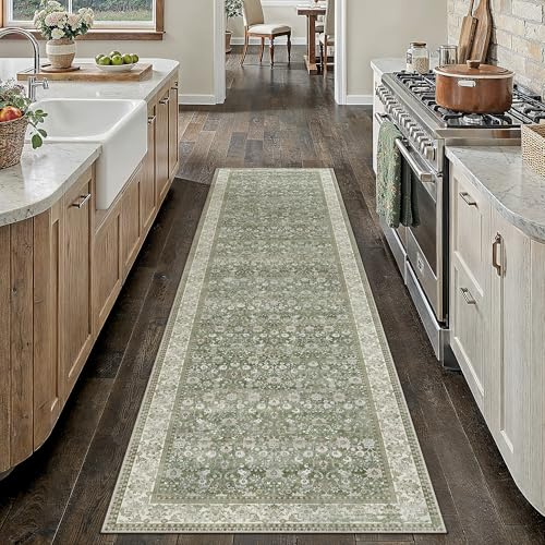 PureCozy Runner Rugs for Hallway, Washable Kitchen Entryway Low Pile Soft Vintage Area Rugs for Bedroom Living Room Office, Non Slip Floor Accent Carpet for Home Deocor, 60x240 cm, Green
