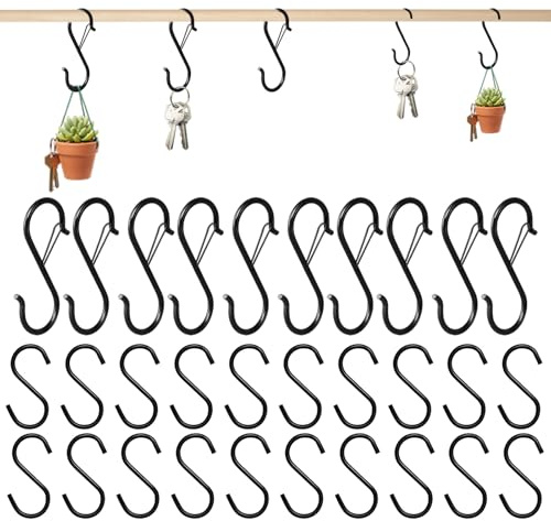 ROBGZMQW S Hooks for Hanging, 30 Pack Black S Shaped Hooks, Heavy Duty for Kitchen, Garage, Office, Outdoor Plant Display