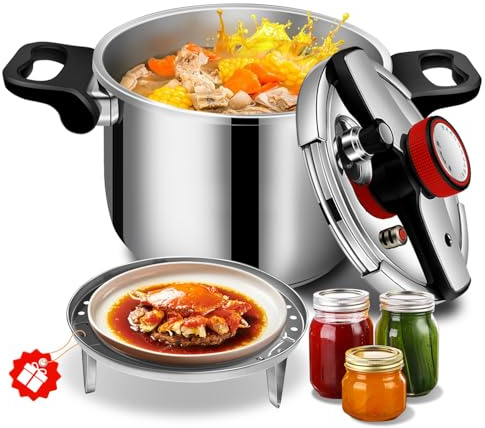 6.34 Quart Stainless Steel Pressure Cooker, Medium Size Stovetop Pressure Cooker, Induction Compatible, Heavy Duty, Even Heat Base for Daily Family Cooking