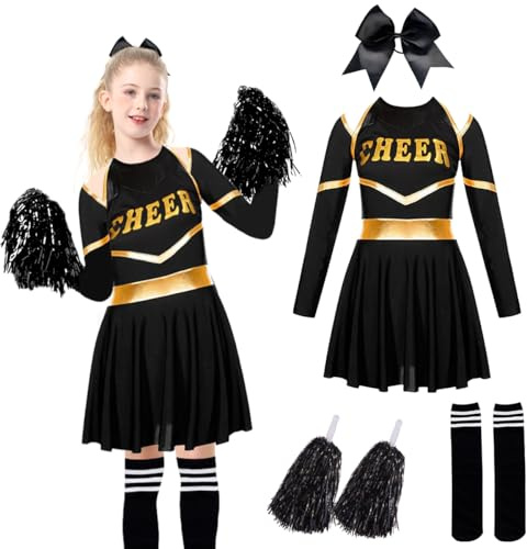 GTJEOI Cheerleader Kostüm, Cheerleading Langarm Uniform Outfits mit Pompoms, Socken und Kopfschmuck, cheerleading Uniform Kleid, Girl Schwarz cheerleader Kostüm für Karneval