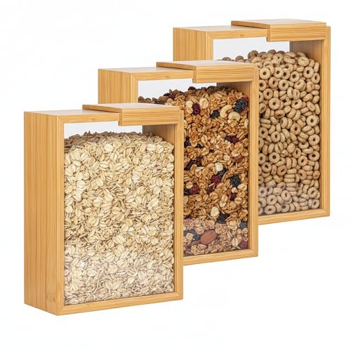 evergoods 3Pcs Wooden Cereal Containers Storage Set with Removable Lids | Clear Grain Storage Containers for Kicthen, Cereal, Rice Container