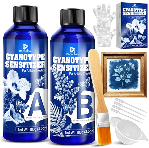 Kit Cianotipia 200g – Soluzione 2 Componenti Pronta all’uso per Tessuto e Carta – Stampa Solare DIY per Arte Vintage Blu, Fotografie Cianotipiche – Principianti & Artisti