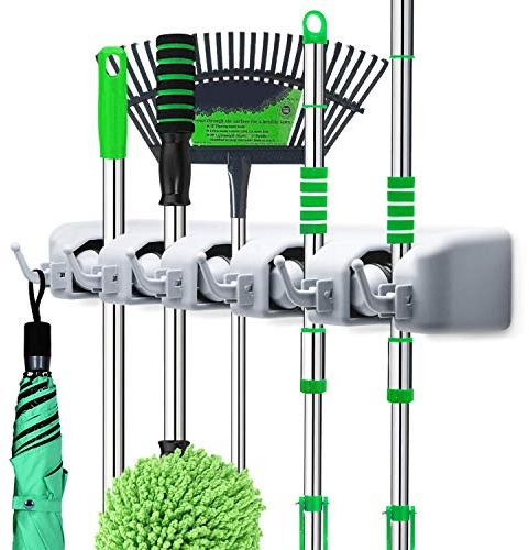 LETMY Besenhalter zur Wandmontage – Halter für Mopp und Besen – Garagenregal & Gartenwerkzeug-Organizer – 5 Positionen, 6 Haken für Zuhause, Küche, Garten, Werkzeuge, Garage Organisation