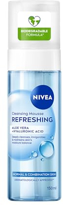 NIVEA Mousse Detergente Viso Rinfrescante 150 ml, Schiuma detergente viso con Aloe Vera e Acido Ialuronico idratanti e lenitivi, Foaming cleanser per una skincare per pelle da normale a mista