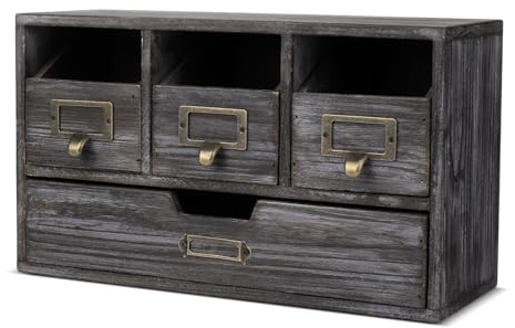 Flexzion Apothecary Cabinet with 4 Drawers - Vintage Rustic Wood Desktop Organizer for Home & Office Supplies - Tabletop Wooden Storage for Catalog, Card, Jewelry, Makeup, Craft & Tools