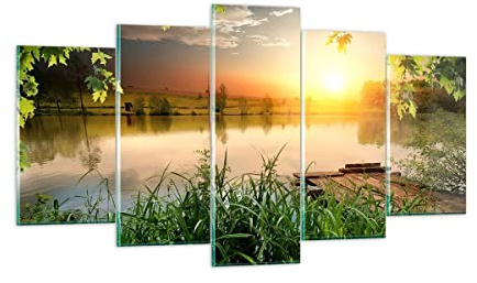 Wandbilder Dekoration Wohnzimmer Brücke See Mehrteilige Bilder auf Glas 160x85cm Glasbild Schlafzimmer Küche Set 5 teilige Wand Kunstdruck Art Groß XXL Wanddeko Bild im Glas Modern GEA160x85-3914