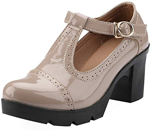 ANUFER Dam mellanblockklack T-rem brogue pumps Mary Janes uniform kontor klänningsskor, NAKEN, 37 EU