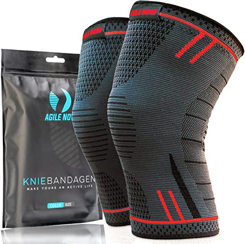 AGILE NOW® Kniebandage 2er Set Premium stabilisiert & schützt die Gelenke bei jeder Bewegung, Knie Bandage für Damen & Herren, rutschfeste & atmungsaktive Knee Pads, für jede Sportart (M | Rot)