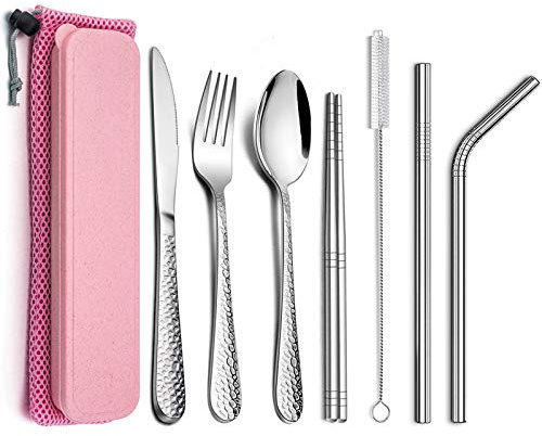 HaWare campingbestick, 9 delar rostfritt stål utomhus resebestick vandringsbestick, bärbar picknick bestickset med kniv gaffel sked, metallsugrör, ätpinnar, rengöringsborste, rosa fodral och väska