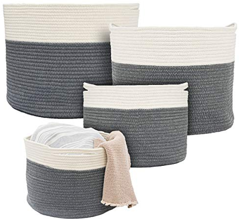 DuneDesign 4er Set Wäschekorb Geflochten - 20-60l Baumwoll Korb Aufbewahrung - Wäschesammler Kinder Korb Wickelkommode Baby Wäschekorb Wickeltisch - Aufbewahrungskorb Spielzeug Deko Körbe Geflochten